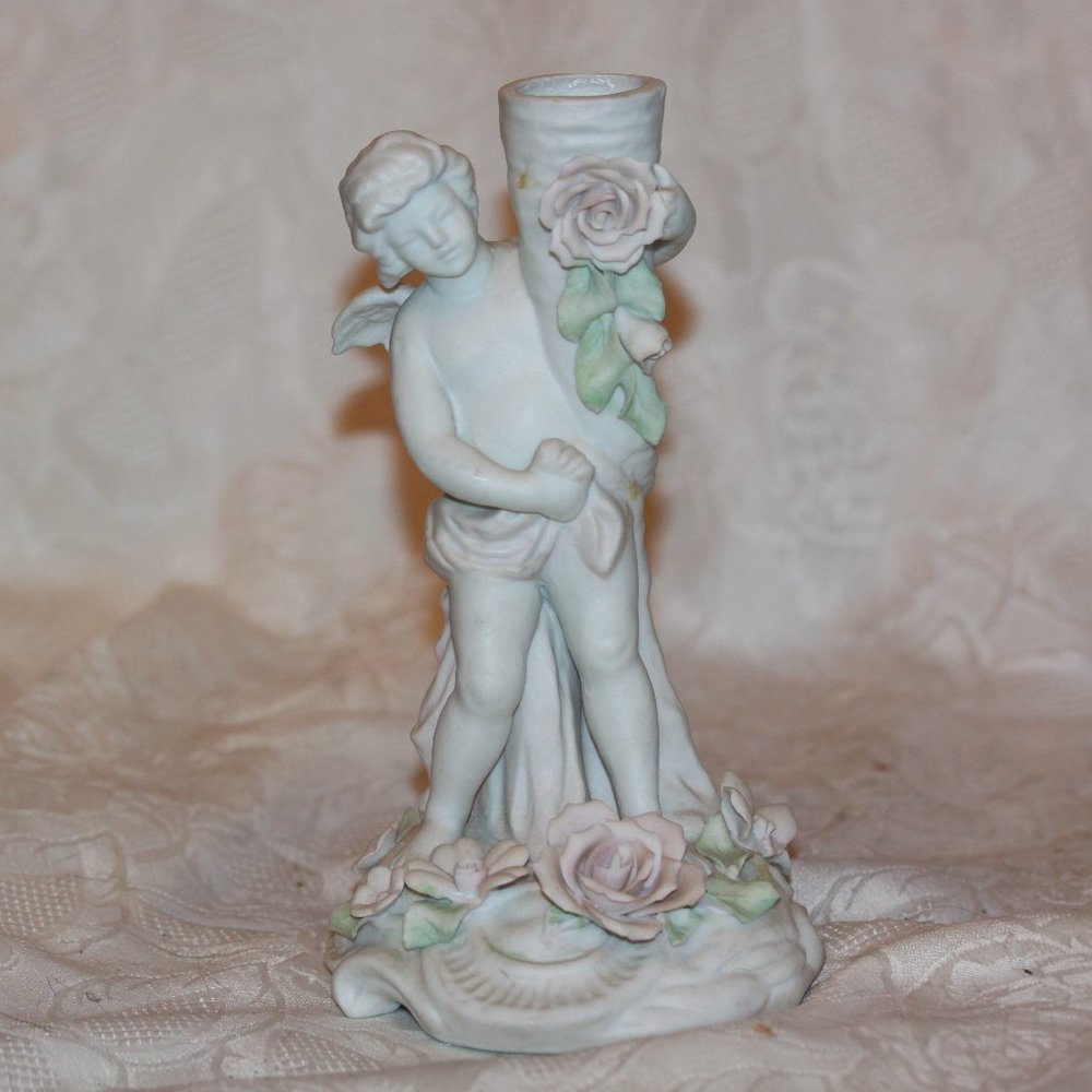 VINTAGE Bisque Porcelain Angel Candle Holder Heavy